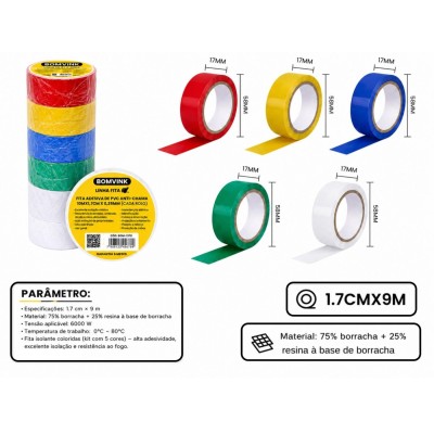 FITA ISOLANTE COLORIDA 17MM X 9M PACOTE COM 10 UNIDADES BOM-1378