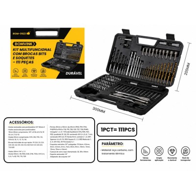KIT DE BROCAS BITS E SOQUETES 111 PCS NA MALETA  BOM-3922