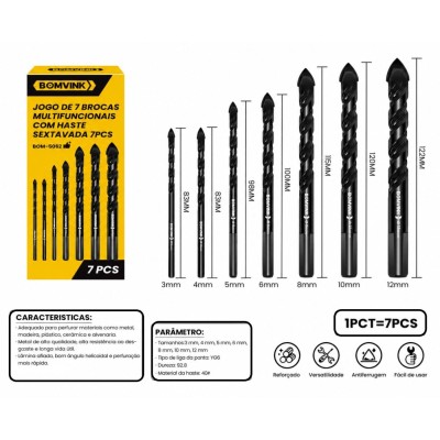 KIT DE BROCAS FURA TUDO AÇO + LIGA C/ 7 PCS 3 A 12 MM BOM-5062