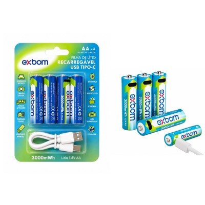 BATERIA PILHA AA 1.5V 3000MWH  C/4  RECARREGAVEL USB TIPO-C  EXBOM 2ATC20
