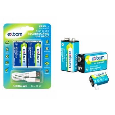 BATERIA 9V 5800MWH  C/2  RECARREGAVEL USB TIPO-C  EXBOM 9VTC07