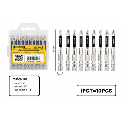 KIT DE BITS PHILIPS 65MM ANTIDERRAPANTES COM LIMITADOR DE TORQUE COM 10 PCS BOM-5057